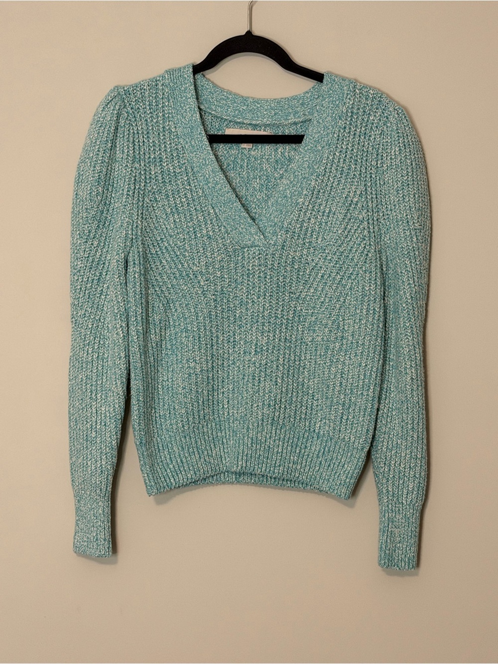 LOFT Teal White Marled Puff Sleeve V-Neck Sweater Size Small